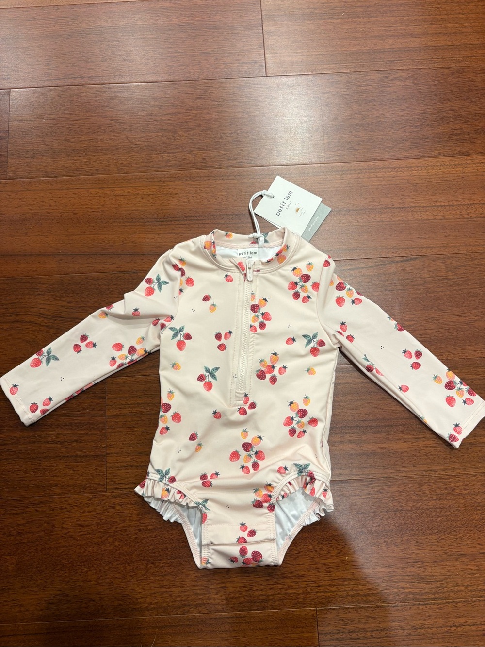 Petit Lem Cream Pink Strawberry Print Long-Sleeve One-Piece Swimsuit